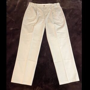 LL Bean Comfort Waist Men 40x34 Khaki Chinos Cotton Pleated Trousers Flawed